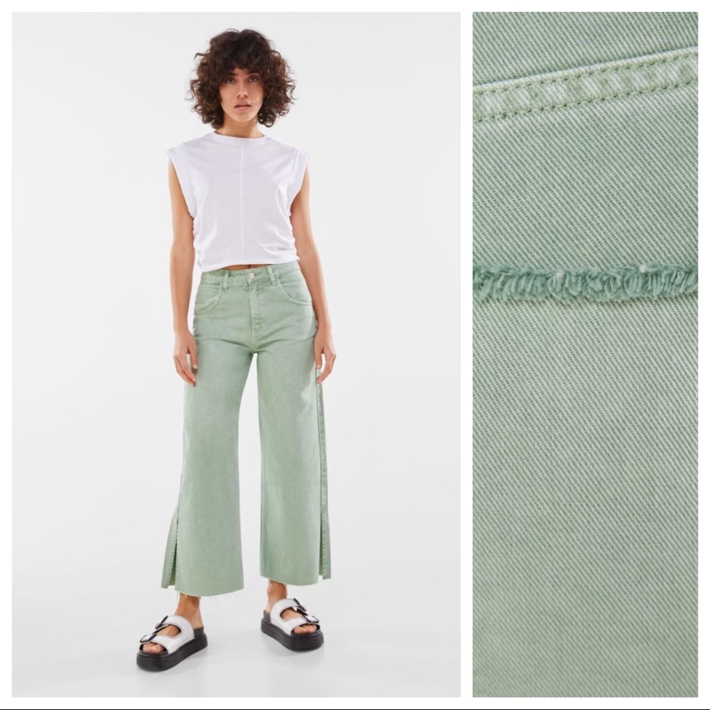 NWT. Bershka Green Denim Cropped Wide-Leg Twill Pants with Split Hems. Size 2.